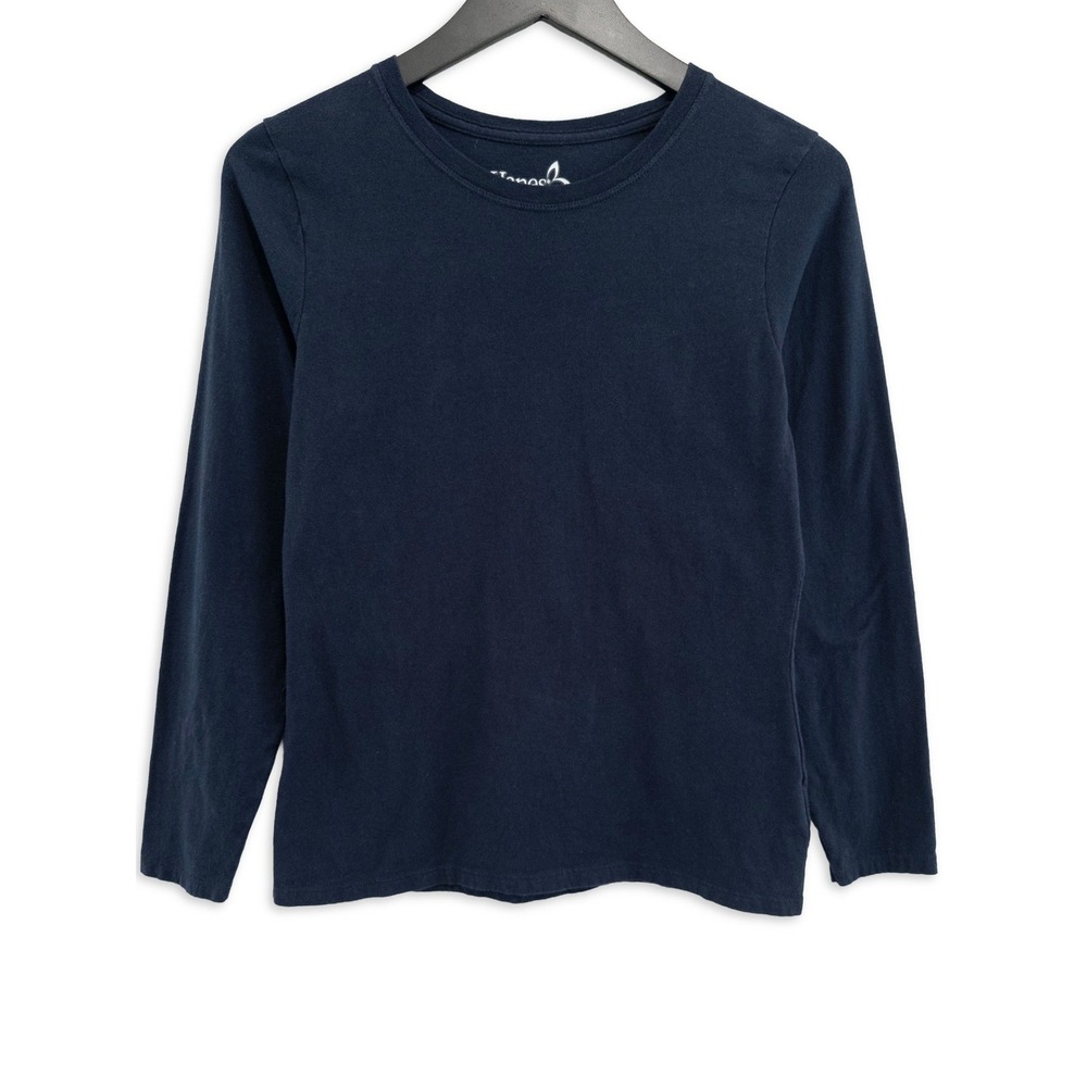 Hanes Long Sleeve Shirt Womens Small Navy Blue Cotton Crewneck Casual Basic